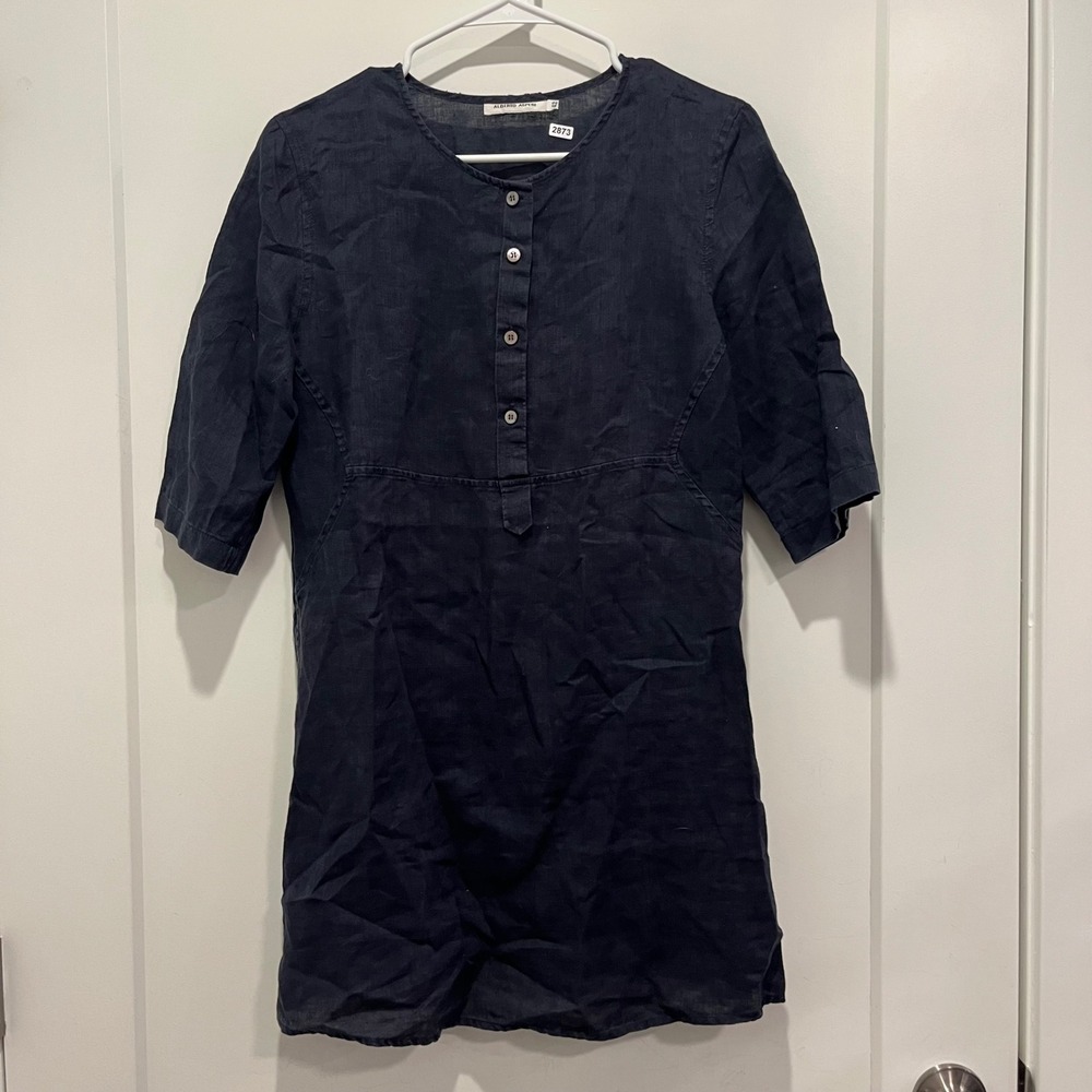 Alberto Aspesi Navy Blue‎ 100% Linen Tunic Top Button Front Elbow Sleeve Size 42